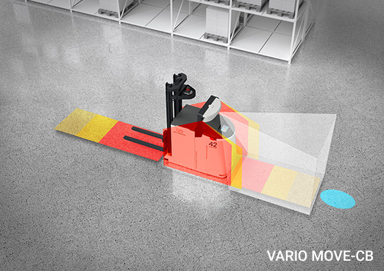 Collaborative high-lift transport robot VARIO MOVE-CB from ek robotics with drawn-in scan zones without load: Safe intralogistics through driverless transport systems by MOBILE ROBOTS.