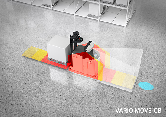Kollaborativer Hochhubtransportroboter VARIO MOVE-CB von ek robotics mit eingezeichneten Scan-Zonen bei aufgenommener Last: Sichere Produktionslogistik durch autonome mobile Roboter.