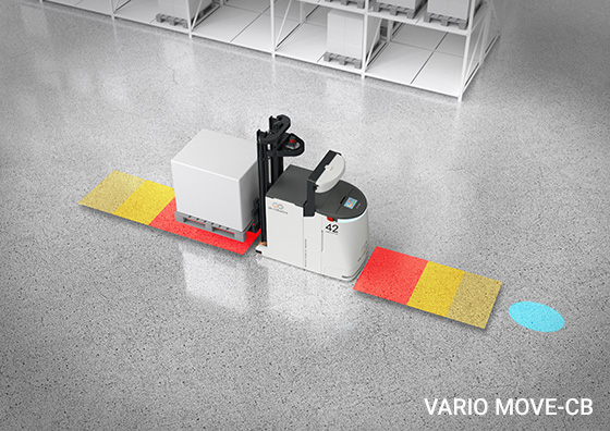 The collaborative transport robot VARIO MOVE in the MOBILE ROBOTS portfolio enables safe autonomous production logistics: The driverless transport system from ek robotics with marked protective warning zones at the front and rear.